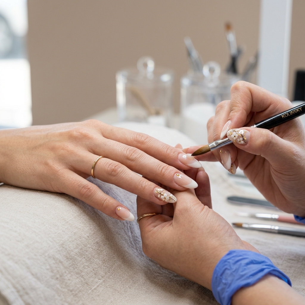 Nail tech applying a detailed custom acrylic extension