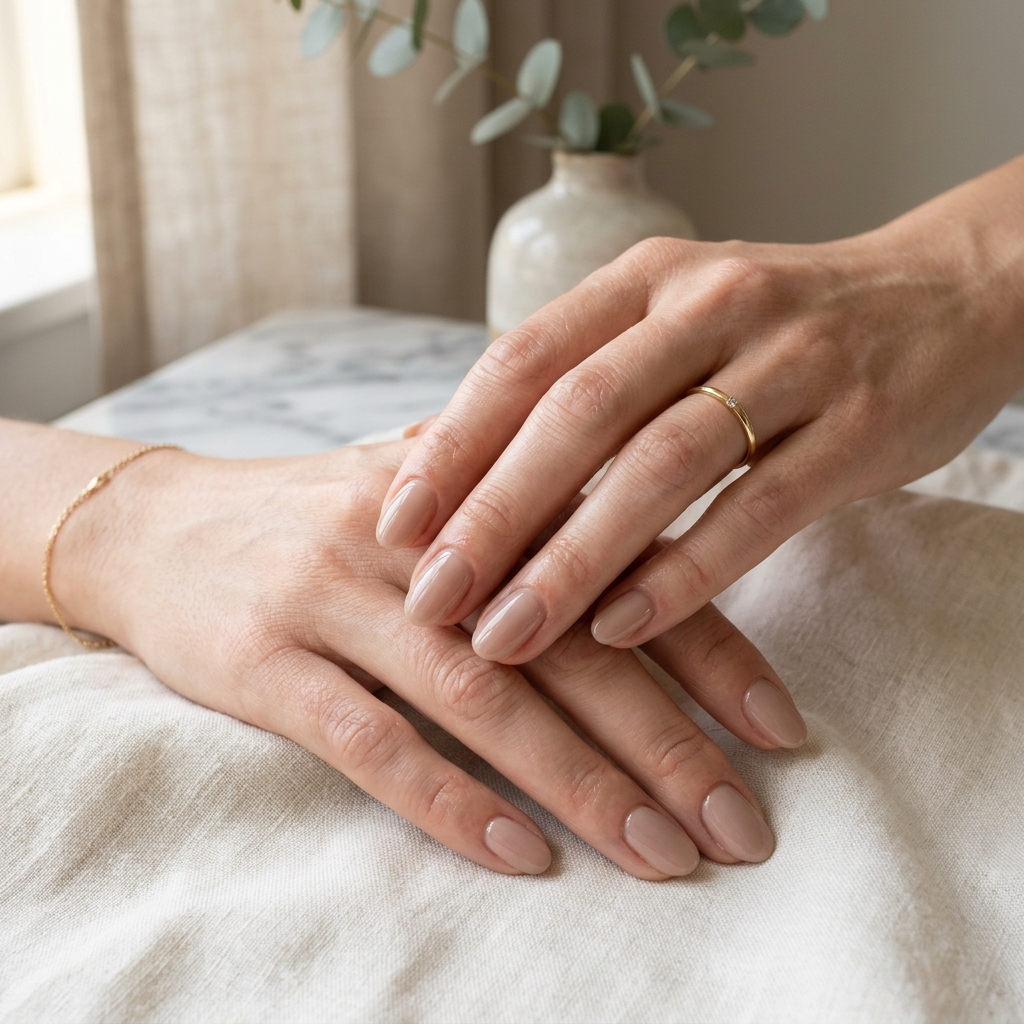 Close-up of premium gel manicured nails in neutral tones